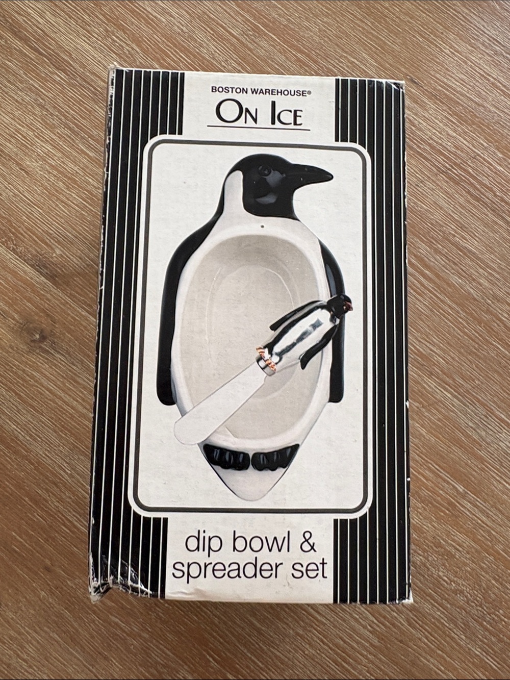 New In Box Boston Warehouse Black & White Penguin Dip Bowl and Spreader Set